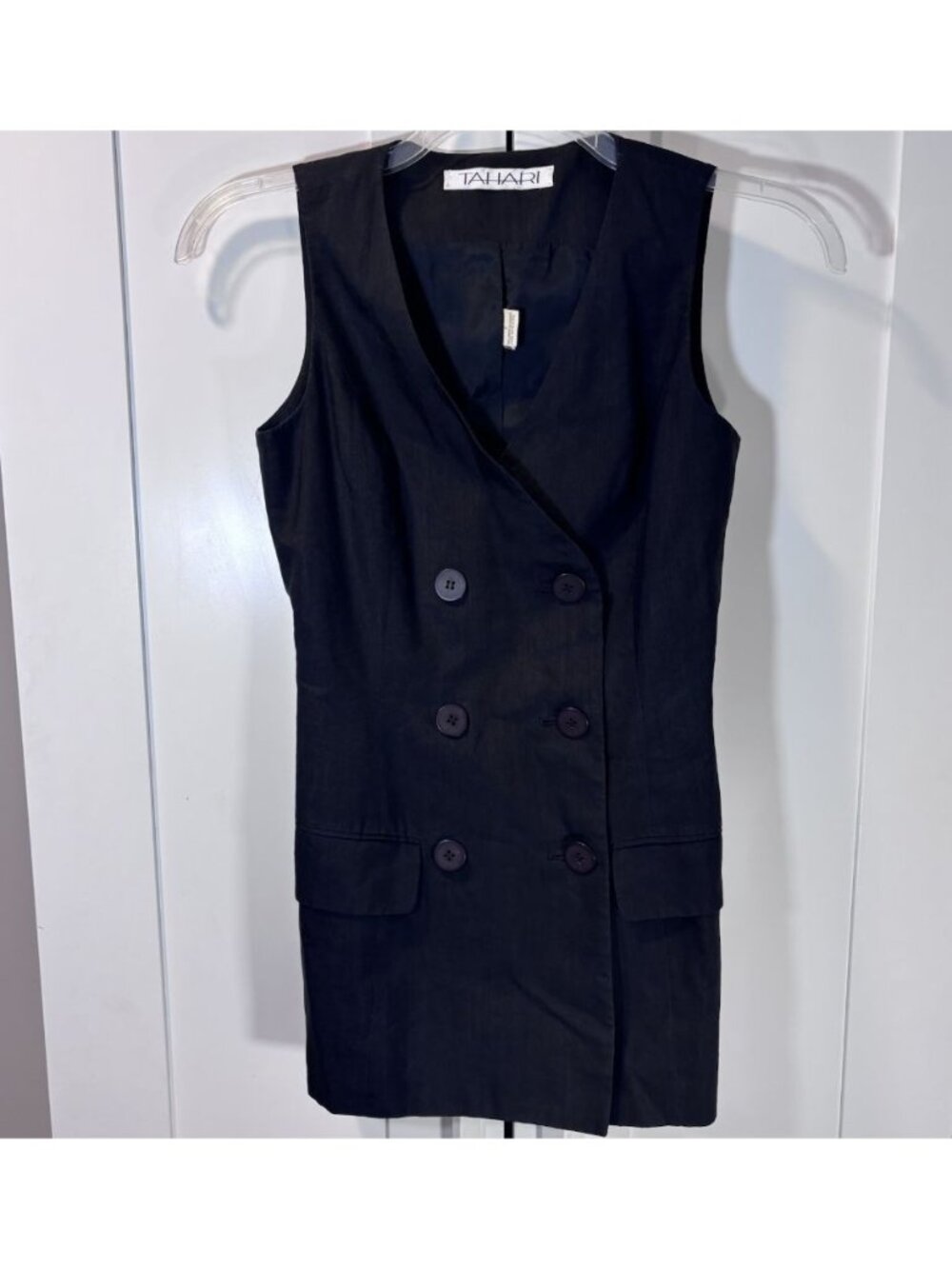 TAHARI Linen Sleeveless Blazer Vest Black Double Breasted Women’s Size 2
